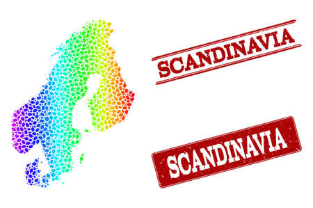 Spectrum dotted map of Scandinavia and red grunge stamps. Vector geographic map in bright spectrum gradient colors on a white background.のイラスト素材