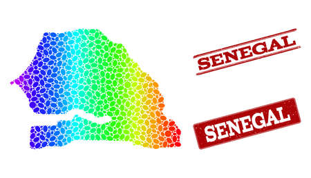 Spectrum dotted map of Senegal and red grunge stamps. Vector geographic map in bright spectrum gradient colors on a white background.のイラスト素材