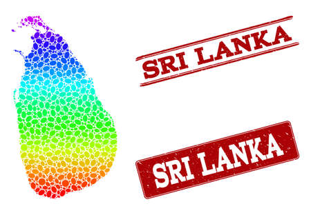 Spectrum dotted map of Sri Lanka and red grunge stamps. Vector geographic map in bright spectrum gradient colors on a white background.のイラスト素材