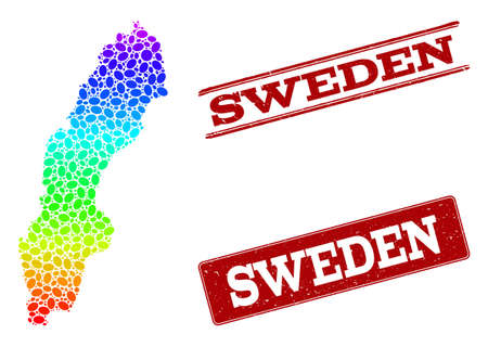 Spectrum dotted map of Sweden and red grunge stamps. Vector geographic map in bright spectrum gradient colors on a white background.のイラスト素材