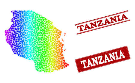 Spectrum dotted map of Tanzania and red grunge stamps. Vector geographic map in bright spectrum gradient colors on a white background.のイラスト素材