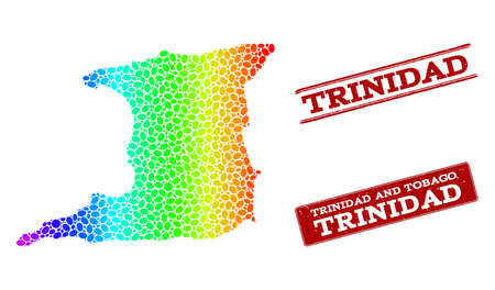 Spectrum dotted map of Trinidad Island and red grunge stamps. Vector geographic map in bright spectrum gradient colors on a white background.のイラスト素材