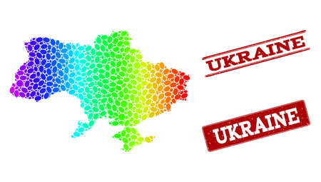 Spectrum dotted map of Ukraine and red grunge stamps. Vector geographic map in bright spectrum gradient colors on a white background.のイラスト素材