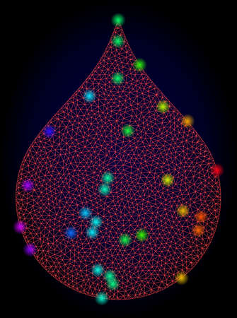 Glossy polygonal red mesh blood drop icon with glare effect on a dark background. Carcass blood drop iconic vector with glitter multi colored spheres in rainbow colors. Abstract red mesh lines,のイラスト素材