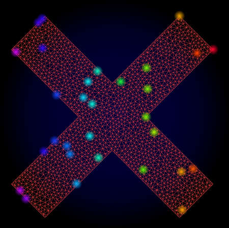 Glossy polygonal red mesh reject cross icon with glare effect on a dark background. Carcass reject cross iconic vector with flash multi colored points in spectrum colors. Abstract red mesh lines,のイラスト素材