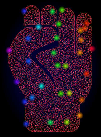 Glossy polygonal red mesh clenched fist icon with glow effect on a dark background. Carcass clenched fist iconic vector with flash multi colored points in spectrum colors. Abstract red mesh lines,のイラスト素材