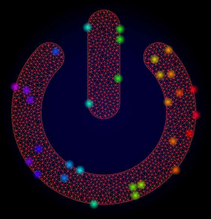 Glossy polygonal red mesh turn off icon with glare effect on a dark background. Carcass turn off iconic vector with glitter multi colored spheres in spectrum colors. Abstract red mesh lines,のイラスト素材