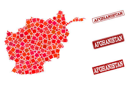 Geographic collage of dot mosaic map of Afghanistan and red rectangle grunge seal imprints. Vector map of Afghanistan formed with red square mosaic items. Flat design for geographic illustrations.のイラスト素材