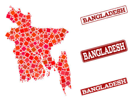Geographic collage of dot mosaic map of Bangladesh and red rectangle grunge seal stamp imprints. Vector map of Bangladesh created with red square elements. Flat design for geographic posters.のイラスト素材