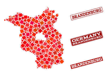 Geographic composition of dot mosaic map of Brandenburg State and red rectangle grunge seal watermarks. Vector map of Brandenburg State created with red square mosaic items.のイラスト素材