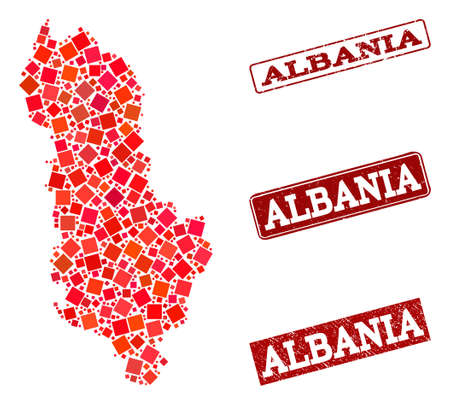 Geographic collage of dot mosaic map of Albania and red rectangle grunge stamp watermarks. Vector map of Albania designed with red square mosaic items. Flat design for political illustrations.のイラスト素材