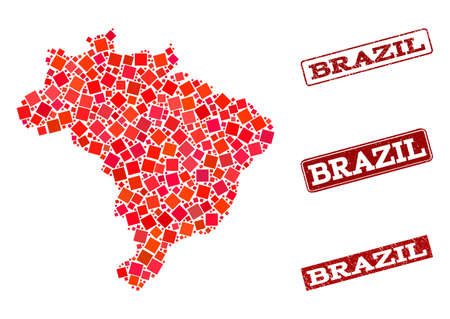 Geographic collage of dot mosaic map of Brazil and red rectangle grunge stamp watermarks. Vector map of Brazil composed with red square points. Flat design for geographic illustrations.のイラスト素材