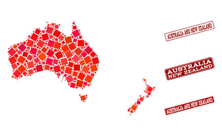 Geographic combination of dot mosaic map of Australia and New Zealand and red rectangle grunge seal watermarks. Vector map of Australia and New Zealand designed with red square mosaic items.のイラスト素材