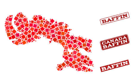 Geographic collage of dot mosaic map of Baffin Island and red rectangle grunge seal stamp imprints. Vector map of Baffin Island composed with red square mosaic items.のイラスト素材