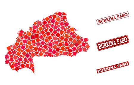 Geographic collage of dot mosaic map of Burkina Faso and red rectangle grunge seal watermarks. Vector map of Burkina Faso formed with red square mosaic items.のイラスト素材