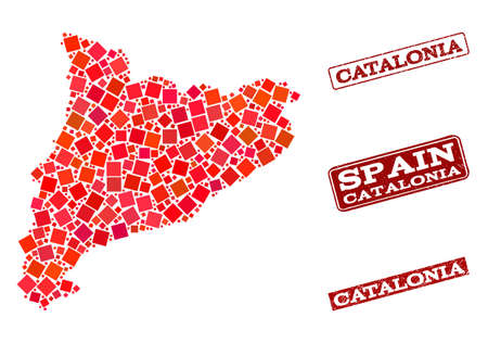 Geographic combination of dot mosaic map of Catalonia and red rectangle grunge stamp watermarks. Vector map of Catalonia formed with red square mosaic items. Flat design for patriotic illustrations.のイラスト素材