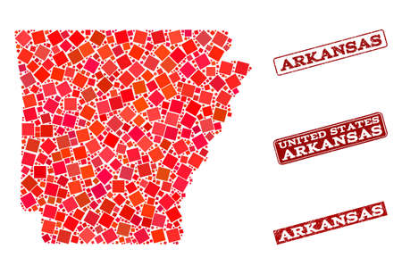 Geographic collage of dot mosaic map of Arkansas State and red rectangle grunge stamp watermarks. Vector map of Arkansas State formed with red square mosaic items.のイラスト素材