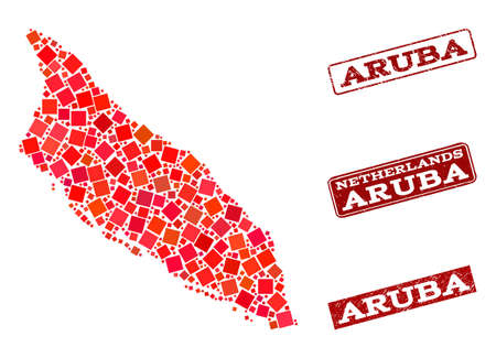 Geographic composition of dot mosaic map of Aruba Island and red rectangle grunge stamp imprints. Vector map of Aruba Island created with red square elements. Flat design for geographic posters.のイラスト素材