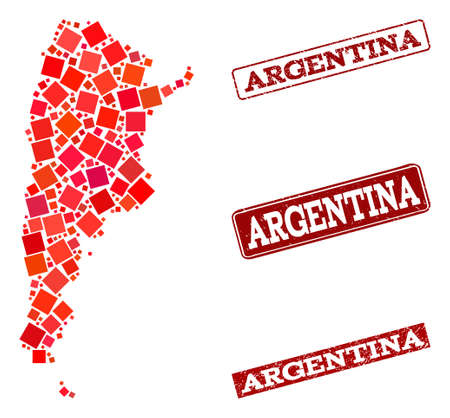 Geographic composition of dot mosaic map of Argentina and red rectangle grunge stamp imprints. Vector map of Argentina created with red square mosaic items. Flat design for geographic posters.のイラスト素材