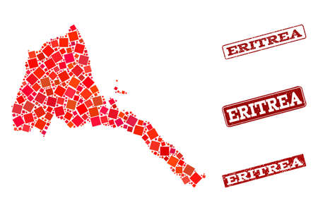 Geographic composition of dot mosaic map of Eritrea and red rectangle grunge seal stamp watermarks. Vector map of Eritrea formed with red square mosaic items. Flat design for geographic posters.のイラスト素材