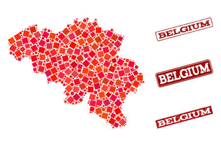 Geographic combination of dot mosaic map of Belgium and red rectangle grunge stamp watermarks. Vector map of Belgium composed with red square mosaic items. Flat design for political posters.のイラスト素材