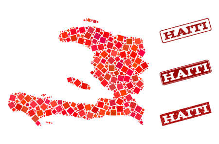 Geographic combination of dot mosaic map of Haiti and red rectangle grunge seal watermarks. Vector map of Haiti designed with red square mosaic items. Flat design for geographic illustrations.のイラスト素材