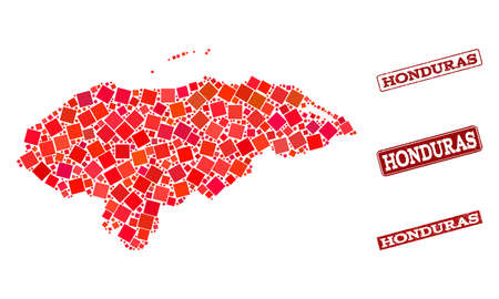 Geographic composition of dot mosaic map of Honduras and red rectangle grunge seal imprints. Vector map of Honduras designed with red square dots. Flat design for geographic posters.のイラスト素材