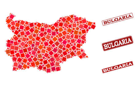 Geographic collage of dot mosaic map of Bulgaria and red rectangle grunge stamp watermarks. Vector map of Bulgaria designed with red square mosaic items. Flat design for political illustrations.のイラスト素材