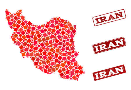Geographic combination of dot mosaic map of Iran and red rectangle grunge seal stamp imprints. Vector map of Iran created with red square mosaic items. Flat design for geographic illustrations.のイラスト素材