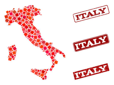 Geographic composition of dot mosaic map of Italy and red rectangle grunge stamp watermarks. Vector map of Italy composed with red square mosaic items. Flat design for geographic purposes.のイラスト素材