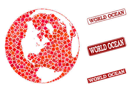 Geographic composition of dot mosaic map of global ocean and red rectangle grunge stamp watermarks. Vector map of global ocean designed with red square mosaic items.のイラスト素材