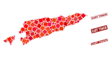 Geographic combination of dot mosaic map of East Timor and red rectangle grunge seal stamp imprints. Vector map of East Timor created with red square mosaic items. Flat design for geographic posters.のイラスト素材