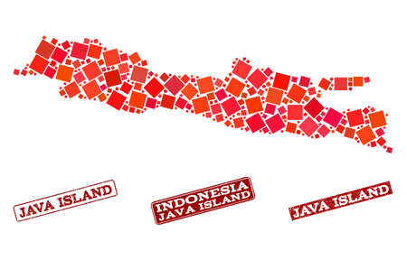 Geographic collage of dot mosaic map of Java Island and red rectangle grunge stamp watermarks. Vector map of Java Island designed with red square mosaic items.のイラスト素材