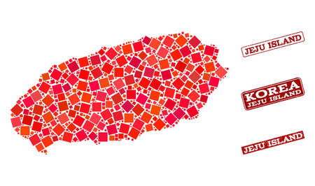 Geographic combination of dot mosaic map of Jeju Island and red rectangle grunge seal watermarks. Vector map of Jeju Island created with red square mosaic items. Flat design for cartographic posters.のイラスト素材