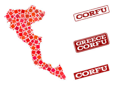 Geographic collage of dot mosaic map of Corfu Island and red rectangle grunge stamp watermarks. Vector map of Corfu Island designed with red square mosaic items. Flat design for geographic posters.のイラスト素材