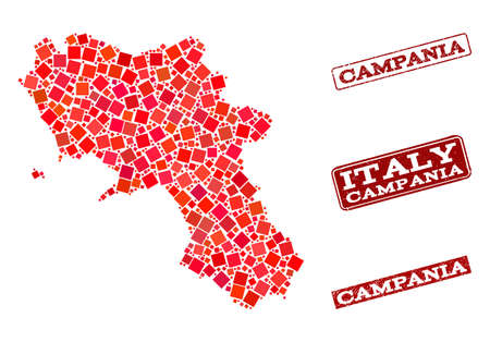 Geographic collage of dot mosaic map of Campania region and red rectangle grunge stamp imprints. Vector map of Campania region formed with red square dots. Flat design for geographic posters.のイラスト素材