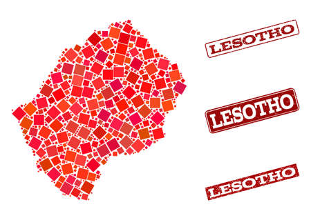 Geographic collage of dot mosaic map of Lesotho and red rectangle grunge seal stamp imprints. Vector map of Lesotho designed with red square mosaic items. Flat design for cartographic posters.のイラスト素材