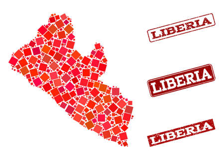 Geographic composition of dot mosaic map of Liberia and red rectangle grunge seal stamp imprints. Vector map of Liberia designed with red square mosaic items. Flat design for geographic illustrations.のイラスト素材