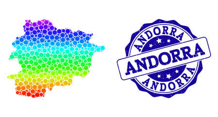 Dotted rainbow map of Andorra and blue grunge round stamp seal. Vector geographic map in bright rainbow gradient colors on a white background.のイラスト素材