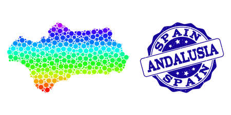 Dotted spectrum map of Andalusia Province and blue grunge round stamp seal. Vector geographic map in bright spectrum gradient colors on a white background.のイラスト素材