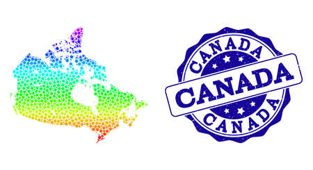 Dot spectrum map of Canada and blue grunge round stamp seal. Vector geographic map in bright spectrum gradient colors on a white background.のイラスト素材