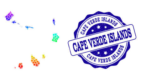 Dotted rainbow map of Cape Verde Islands and blue grunge round stamp seal. Vector geographic map in bright rainbow gradient colors on a white background.のイラスト素材