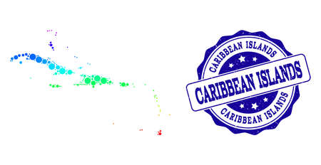 Dot spectrum map of Caribbean Islands and blue grunge round stamp seal. Vector geographic map in bright spectrum gradient colors on a white background.のイラスト素材