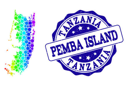 Dotted rainbow map of Pemba island and blue grunge round stamp seal. Vector geographic map in bright rainbow gradient colors on a white background.のイラスト素材