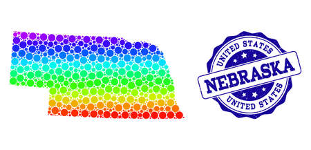 Dot rainbow map of Nebraska State and blue grunge round stamp seal. Vector geographic map in bright rainbow gradient colors on a white background.のイラスト素材