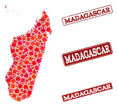 Geographic combination of dot mosaic map of Madagascar Island and red rectangle grunge stamp watermarks. Vector map of Madagascar Island created with red square mosaic items.のイラスト素材