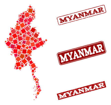 Geographic composition of dot mosaic map of Myanmar and red rectangle grunge seal imprints. Vector map of Myanmar composed with red square points. Flat design for geographic illustrations.のイラスト素材