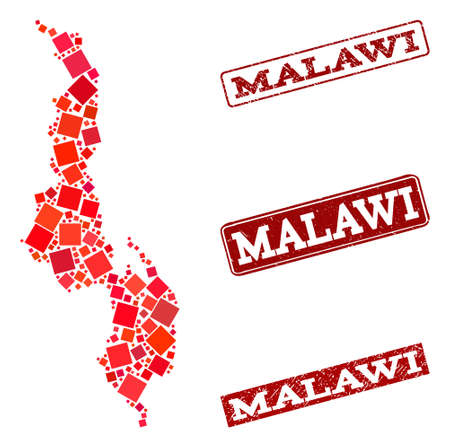 Geographic combination of dot mosaic map of Malawi and red rectangle grunge seal stamp imprints. Vector map of Malawi composed with red square mosaic items. Flat design for geographic illustrations.のイラスト素材
