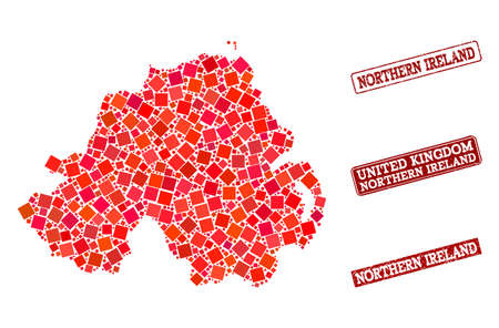 Geographic collage of dot mosaic map of Northern Ireland and red rectangle grunge seal stamp watermarks. Vector map of Northern Ireland designed with red square points.のイラスト素材