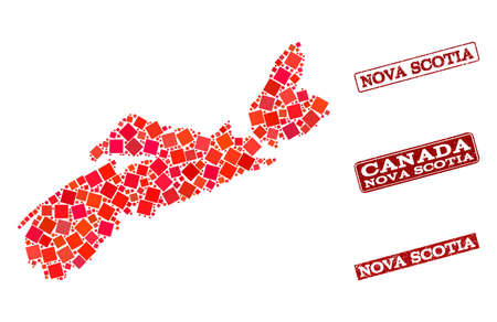 Geographic composition of dot mosaic map of Nova Scotia Province and red rectangle grunge stamp imprints. Vector map of Nova Scotia Province designed with red square mosaic items.のイラスト素材